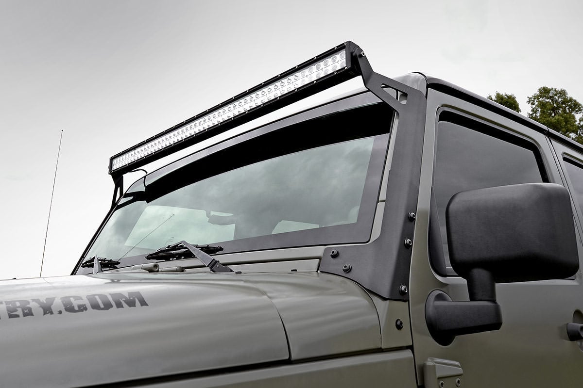 Jeep Wrangler LED Light Mounts - Upper Windshield - Rough Country - 50-inch - Black - '07-'10